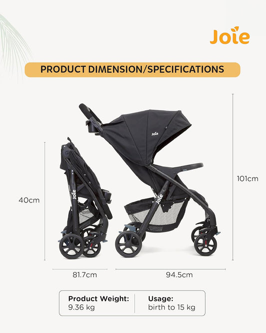 Joie Muze LX Baby Stroller-One Hand Fold-Flat Reclining-Pram for 0 to 3Y (Upto 15Kg)-Coal