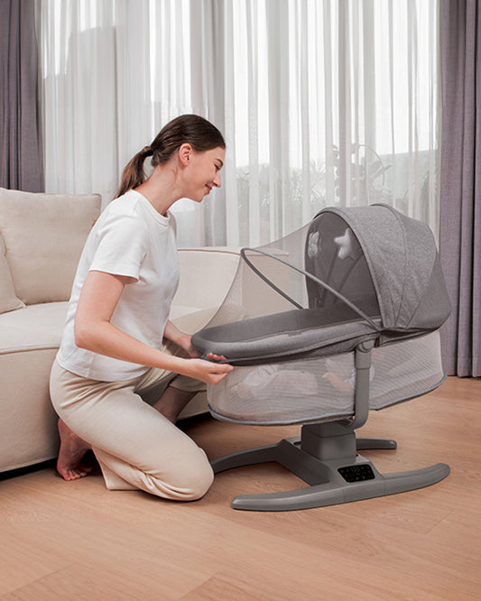 Mastela H-Multi-Motion Baby Cradle-With Touch Panel & Safety Belt-With Bed/Seat Mode & Mosquito Net-Shaker-Dark Grey-0 to 36M