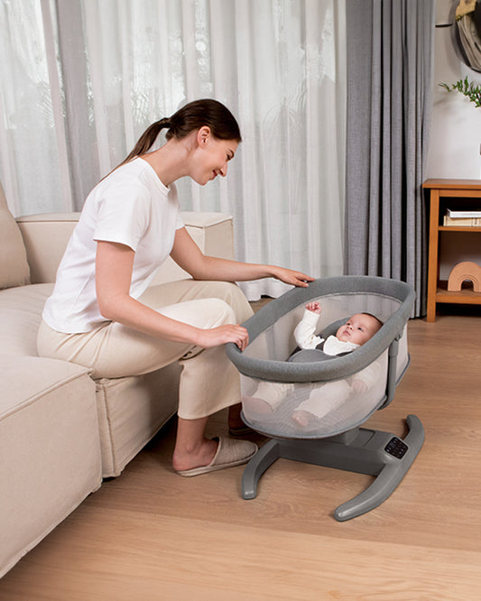 Mastela H-Multi-Motion Baby Cradle-With Touch Panel & Safety Belt-With Bed/Seat Mode & Mosquito Net-Shaker-Dark Grey-0 to 36M