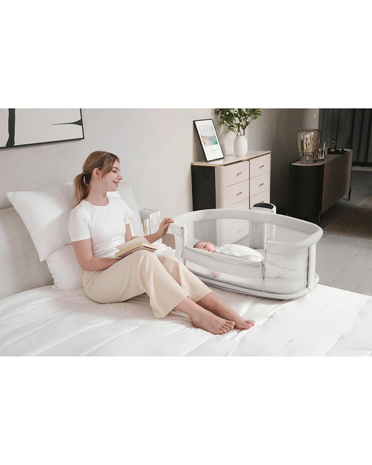 Mastela Dream Starlight Bedside Bassinet & Rocker-With Sunshade & Mosquito Net-With Removable Cradle Basket-Touch Control Panel-4 Lockable Wheels-Light Grey-Birth+