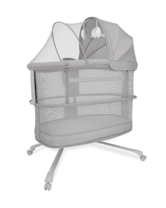 Mastela Dream Starlight Bedside Bassinet & Rocker-With Sunshade & Mosquito Net-With Removable Cradle Basket-Touch Control Panel-4 Lockable Wheels-Grey-Birth+