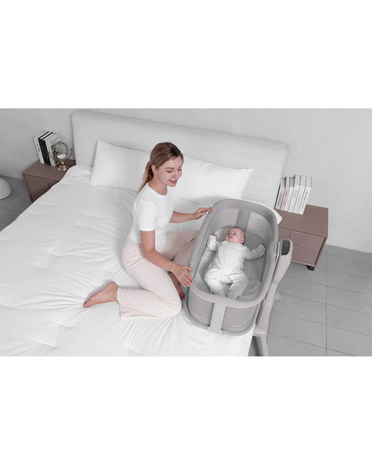 Mastela Dream Starlight Bedside Bassinet & Rocker-With Sunshade & Mosquito Net-With Removable Cradle Basket-Touch Control Panel-4 Lockable Wheels-Grey-Birth+