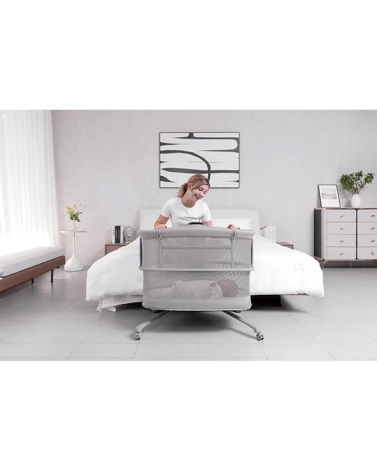 Mastela Dream Starlight Bedside Bassinet & Rocker-With Sunshade & Mosquito Net-With Removable Cradle Basket-Touch Control Panel-4 Lockable Wheels-Grey-Birth+