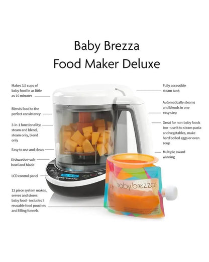 Baby Brezza Food Maker Deluxe-Automatically Steams & Blends to Perfect Consistency in 10 Minutes-Includes 3 Reusable Food Pouches & Funnels