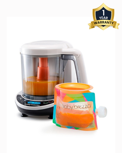 Baby Brezza Food Maker Deluxe-Automatically Steams & Blends to Perfect Consistency in 10 Minutes-Includes 3 Reusable Food Pouches & Funnels