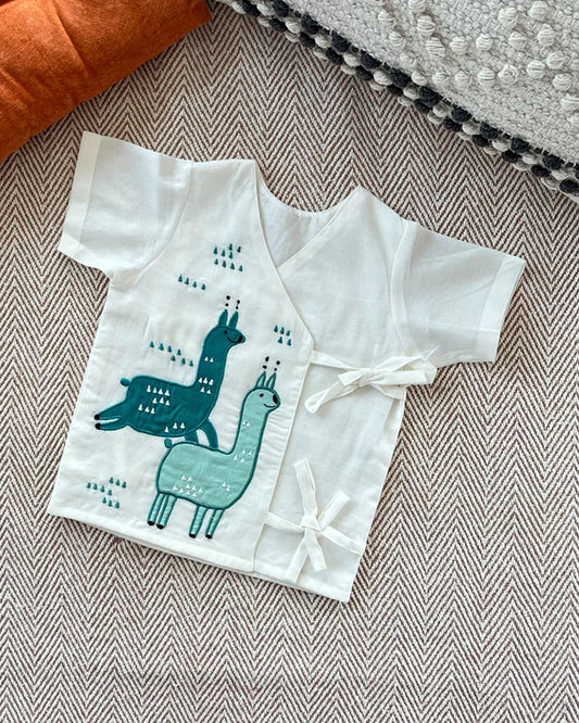 Bhaakur White Alpaca Angrakha Jhabla-100% GOTS Certified Cotton-Short Sleeves-For Infants