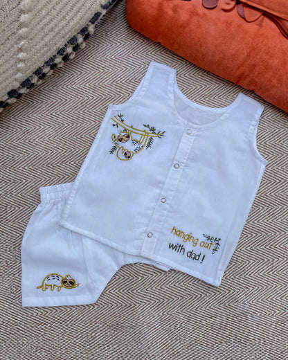 Bhaakur White Sloth Top & Short Set-100% GOTS Certified Cotton-Sleeveless-For Infants