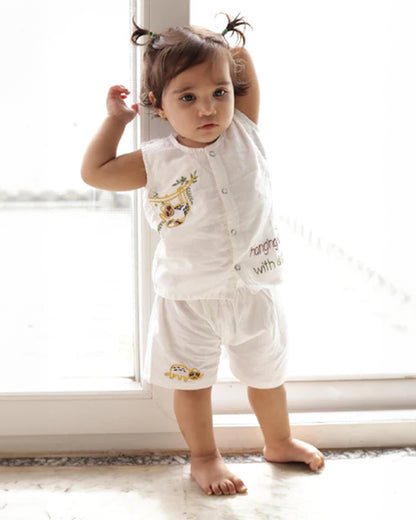 Bhaakur White Sloth Top & Short Set-100% GOTS Certified Cotton-Sleeveless-For Infants