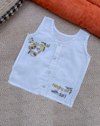 Bhaakur White Sloth Top & Short Set-100% GOTS Certified Cotton-Sleeveless-For Infants