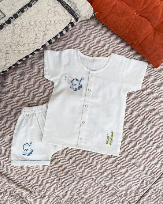 Bhaakur White Octopus Top & Shorts Set-100% GOTS Certified Cotton-Short Sleeves-For Infants