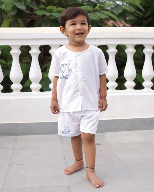 Bhaakur White Octopus Top & Shorts Set-100% GOTS Certified Cotton-Short Sleeves-For Infants