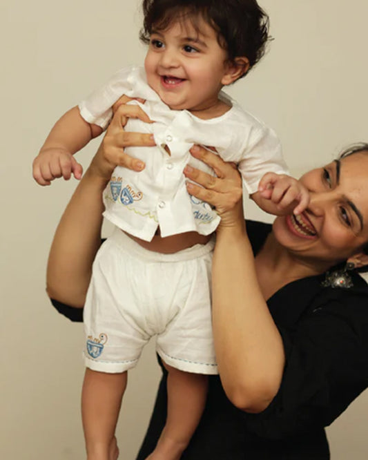 Bhaakur White Turtle Top & Shorts Set-100% GOTS Certified Cotton-Short Sleeves-For Infants