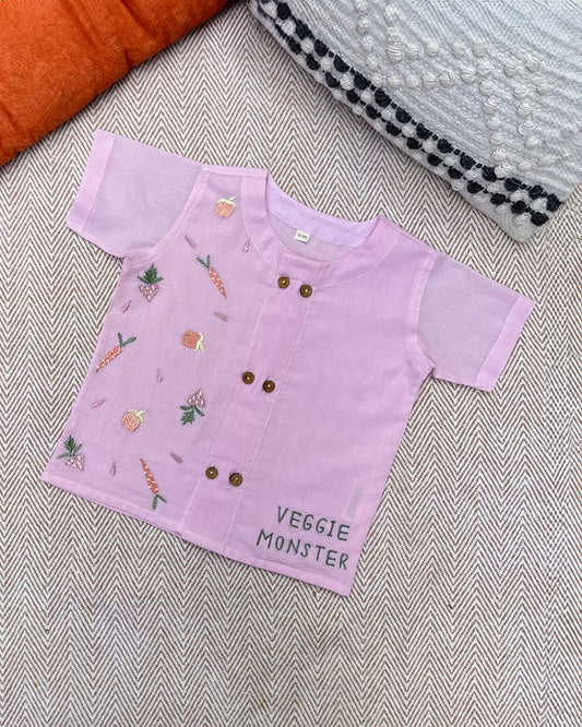 Bhaakur Lavender Veggie Monster Jhabla-100% GOTS Certified Cotton-Short Sleeves-For Infants