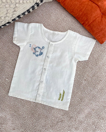 Bhaakur White Octopus Jhabla-100% GOTS Certified Cotton-Short Sleeves-Pack of 2-For Infants