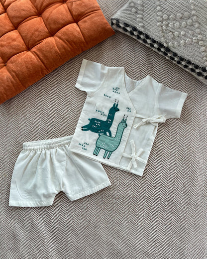 Bhaakur White Alpacas Angrakha Top & Shorts Set-100% GOTS Certified Cotton-Short Sleeves-For Infants