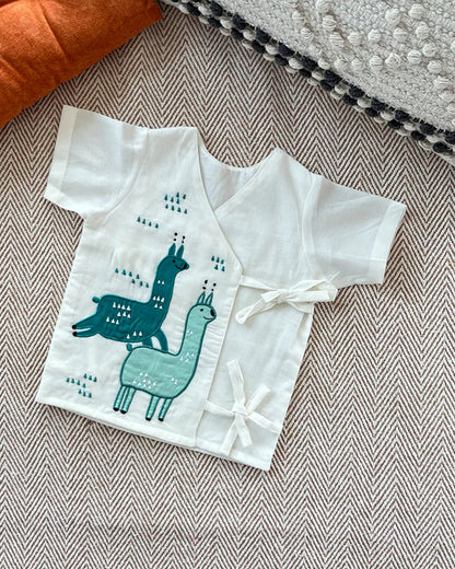 Bhaakur White Alpacas Angrakha Top & Shorts Set-100% GOTS Certified Cotton-Short Sleeves-For Infants