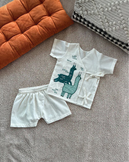 Bhaakur White Alpacas Angrakha Top & Shorts Set-100% GOTS Certified Cotton-Short Sleeves-For Infants