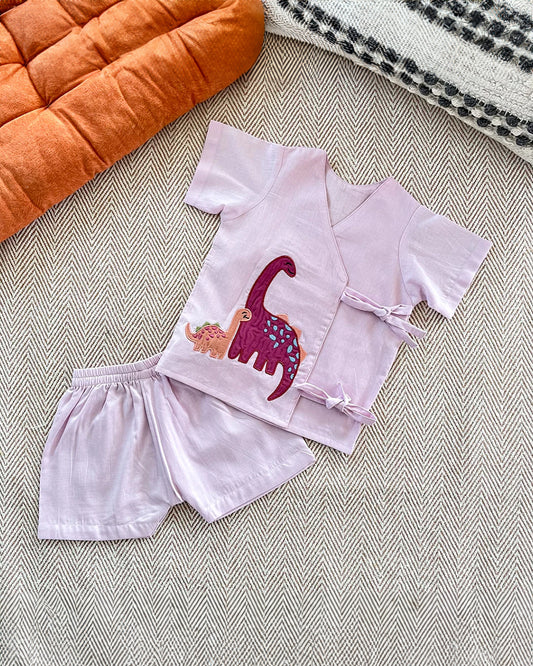 Bhaakur Lavender Dino Jhabla & Shorts Set-100% GOTS Certified Cotton-Short Sleeves-For Infants