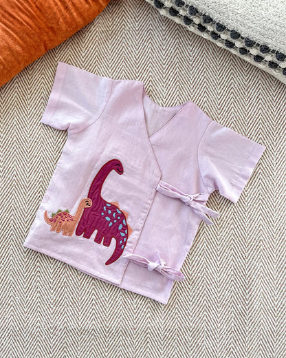 Bhaakur Lavender Dino Jhabla & Shorts Set-100% GOTS Certified Cotton-Short Sleeves-For Infants