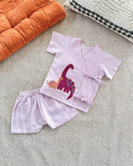 Bhaakur Lavender Dino Jhabla & Shorts Set-100% GOTS Certified Cotton-Short Sleeves-For Infants