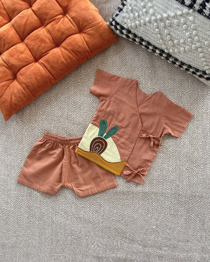 Bhaakur Brown Beetroot Cake Top & Shorts Set-100% GOTS Certified Cotton-Short Sleeves-For Infants