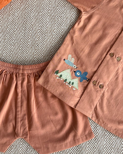 Bhaakur Brown Birds In The Sky Top & Shorts Set-100% GOTS Certified Cotton-Short Sleeves-For Infants