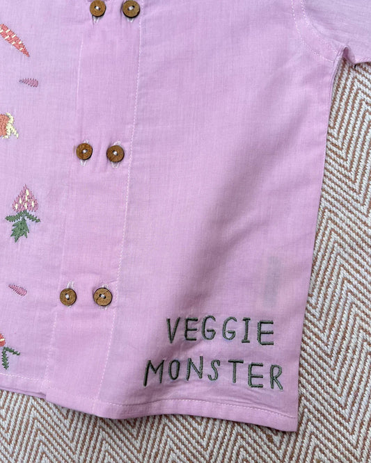 Bhaakur Pink Veggie Monster Top & Shorts Set-100% GOTS Certified Cotton-Short Sleeves-For Infants