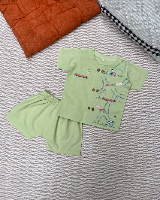 Bhaakur Mint Grasshoper's Day Out Top & Shorts Set-100% GOTS Certified Cotton-Short Sleeves-For Infants