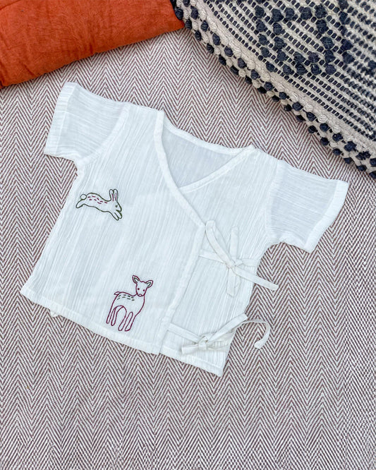 Bhaakur White Forest Top & Shorts Set-Crinkled Muslin-Short Sleeves-For Infants