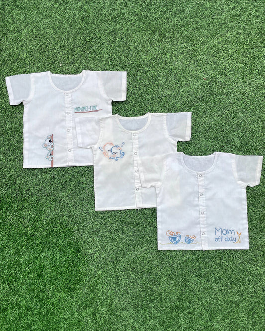 Bhaakur White Printed Jhablas-100% GOTS Certified Cotton-Short Sleeves-Pack of 3-For Infants