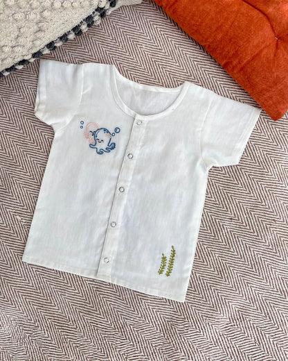 Bhaakur White Printed Jhablas-100% GOTS Certified Cotton-Short Sleeves-Pack of 3-For Infants