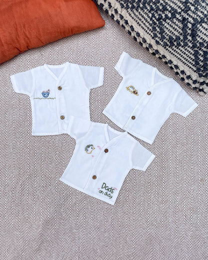 Bhaakur White Preemie Printed Jhablas-Organic 100% GOTS Certified Cotton-Short Sleeves-Pack of 3
