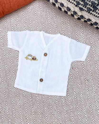 Bhaakur White Preemie Printed Jhablas-Organic 100% GOTS Certified Cotton-Short Sleeves-Pack of 3