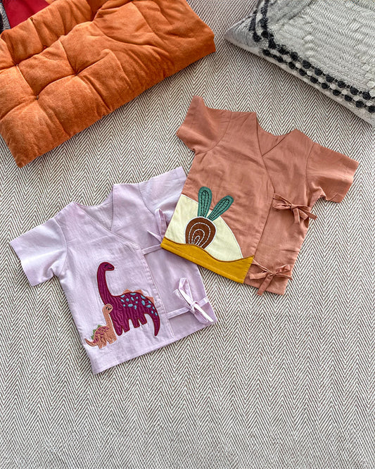 Bhaakur Lavender & Brown Beetroot Dino Angrakha Jhablas-100% GOTS Certified Cotton-Short Sleeves-Pack of 2-For Infants