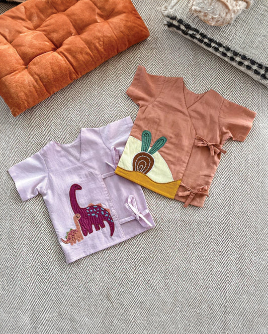 Bhaakur Lavender & Brown Beetroot Dino Angrakha Jhablas-100% GOTS Certified Cotton-Short Sleeves-Pack of 2-For Infants