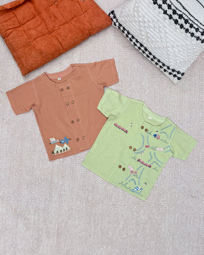 Bhaakur Brown & Mint Grasshopper Birds Jhablas-100% GOTS Certified Cotton-Short Sleeves-Pack of 2-For Infants