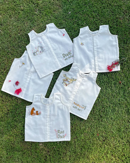 Bhaakur White Printed Jhablas-100% GOTS Certified Cotton-Sleeveless-Pack of 5-For Infants