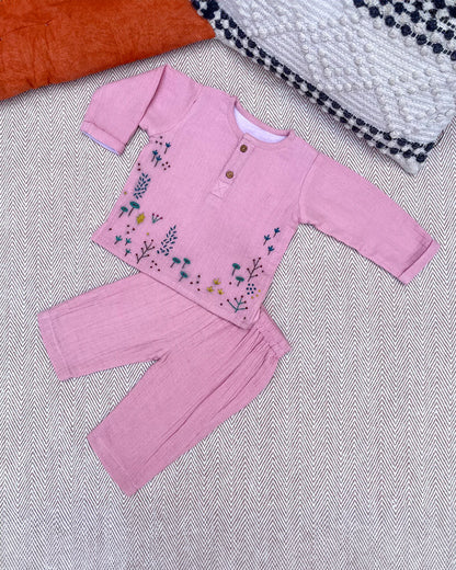 Bhaakur Pink Autumn Top & Pajama Set-Crinkled Muslin-Long Sleeves-For Infants