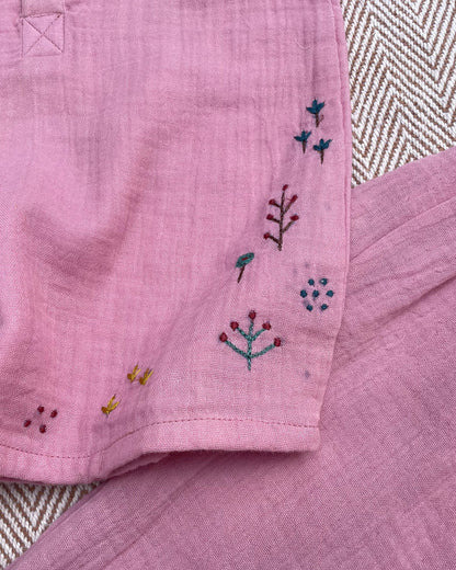 Bhaakur Pink Autumn Top & Pajama Set-Crinkled Muslin-Long Sleeves-For Infants