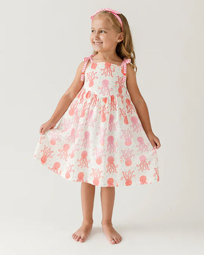 The Almirah White & Pink Octopus Shoulder Strap Frock Dress-Cotton-Printed-For Infants