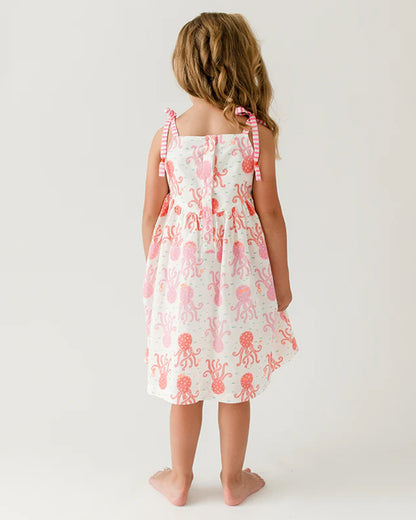 The Almirah White & Pink Octopus Shoulder Strap Frock Dress-Cotton-Printed-For Infants