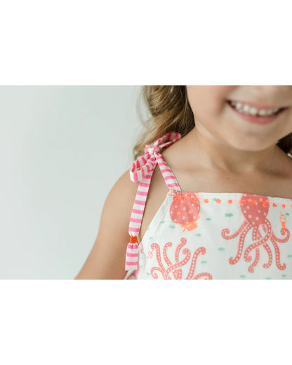 The Almirah White & Pink Octopus Shoulder Strap Frock Dress-Cotton-Printed-For Infants