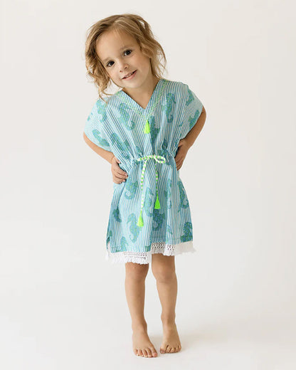 The Almirah White & Blue Seahorse Kaftan Frock Dress-Cotton-Striped-For Infants