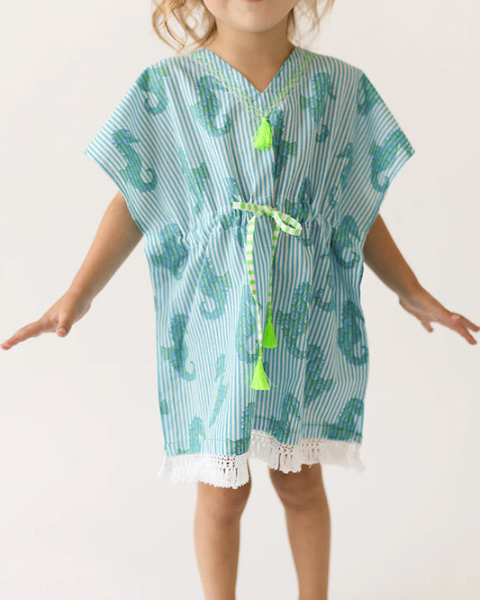 The Almirah White & Blue Seahorse Kaftan Frock Dress-Cotton-Striped-For Infants