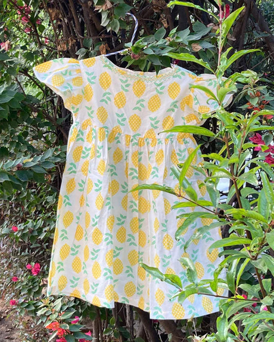 The Almirah White & Yellow Frock Dress-Cotton-Printed-For Infants