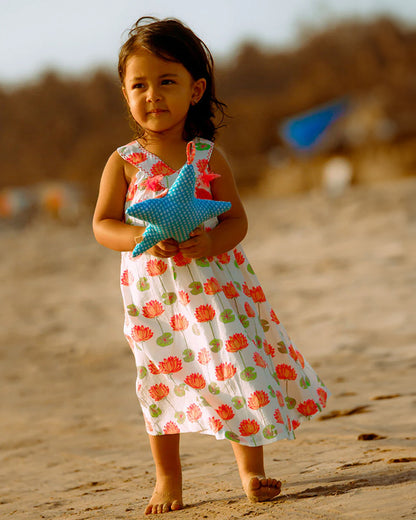 The Almirah White & Pink Frock Dress-Cotton-Lotus Printed-For Infants