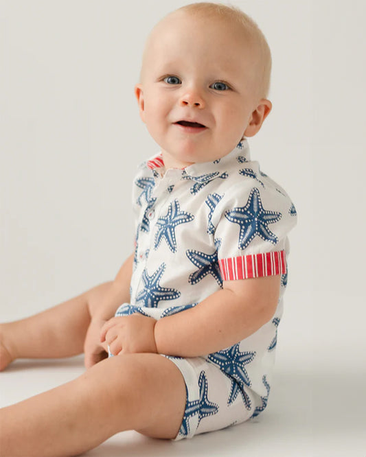 The Almirah White & Blue Starfish Romper-Cotton-Printed-For Infants