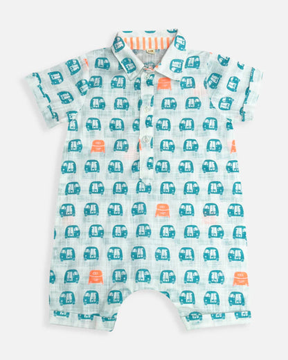 The Almirah White & Blue Romper-Cotton-Auto Printed-For Infants