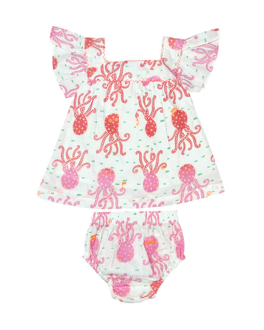 The Almirah White & Pink Octopus Frock Dress-Cotton-Printed-For Infants