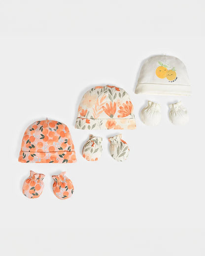 Mi Arcus Orange, White & Green Caps & Mittens Set-Cotton-Printed-Pack Of 3-For Infants